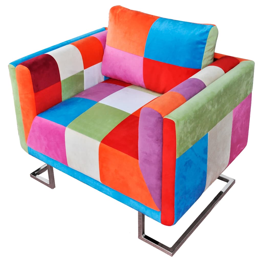 Fauteuil met patchwork ontwerp en verchroomde poten kubus stof