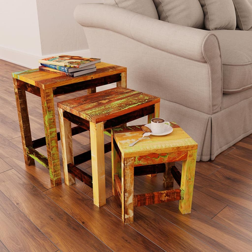 3-delige Bijzettafeltjesset vintage stijl gerecycled hout – afbeelding 1