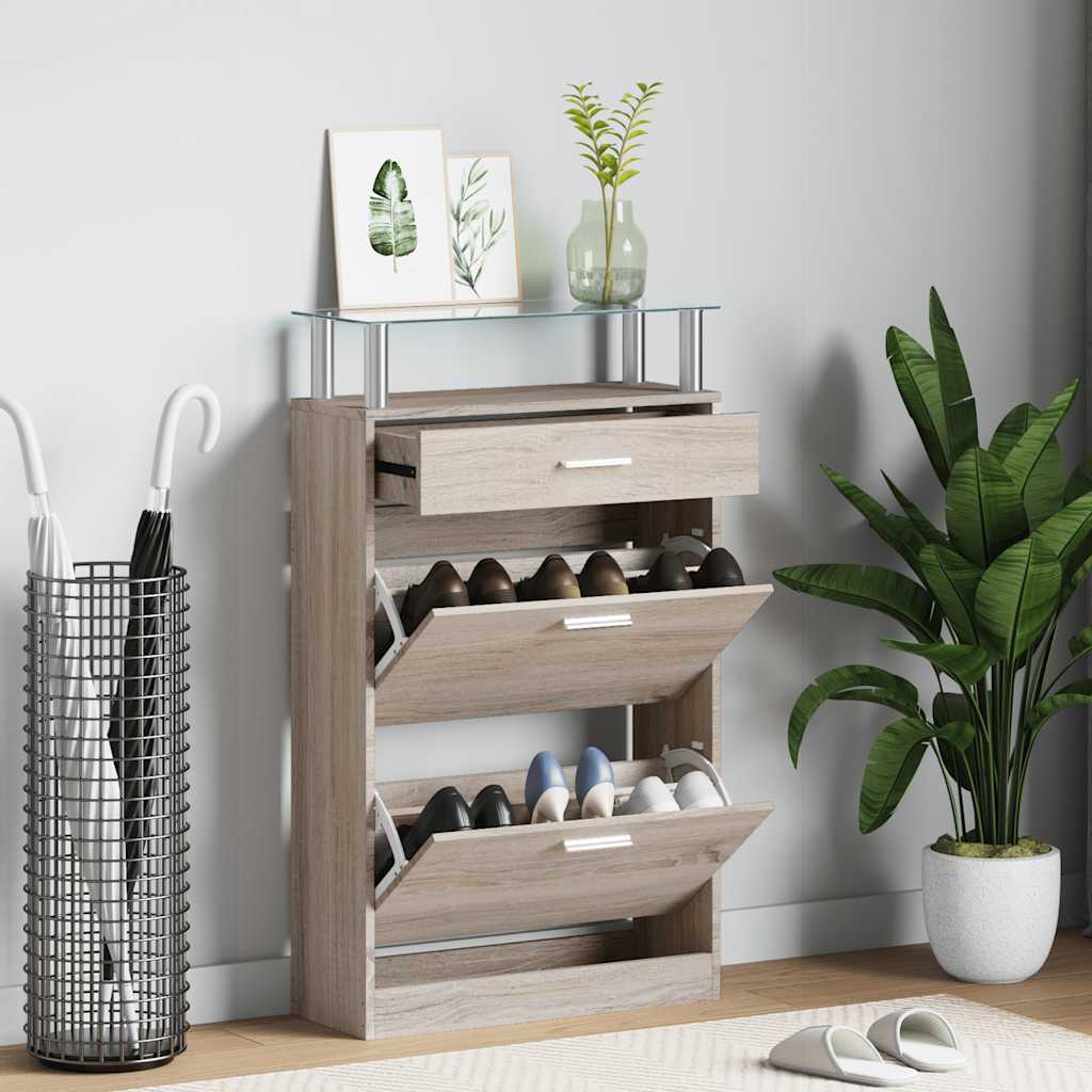 Schoenenkast met lade en glazen bovenschap eiken-look