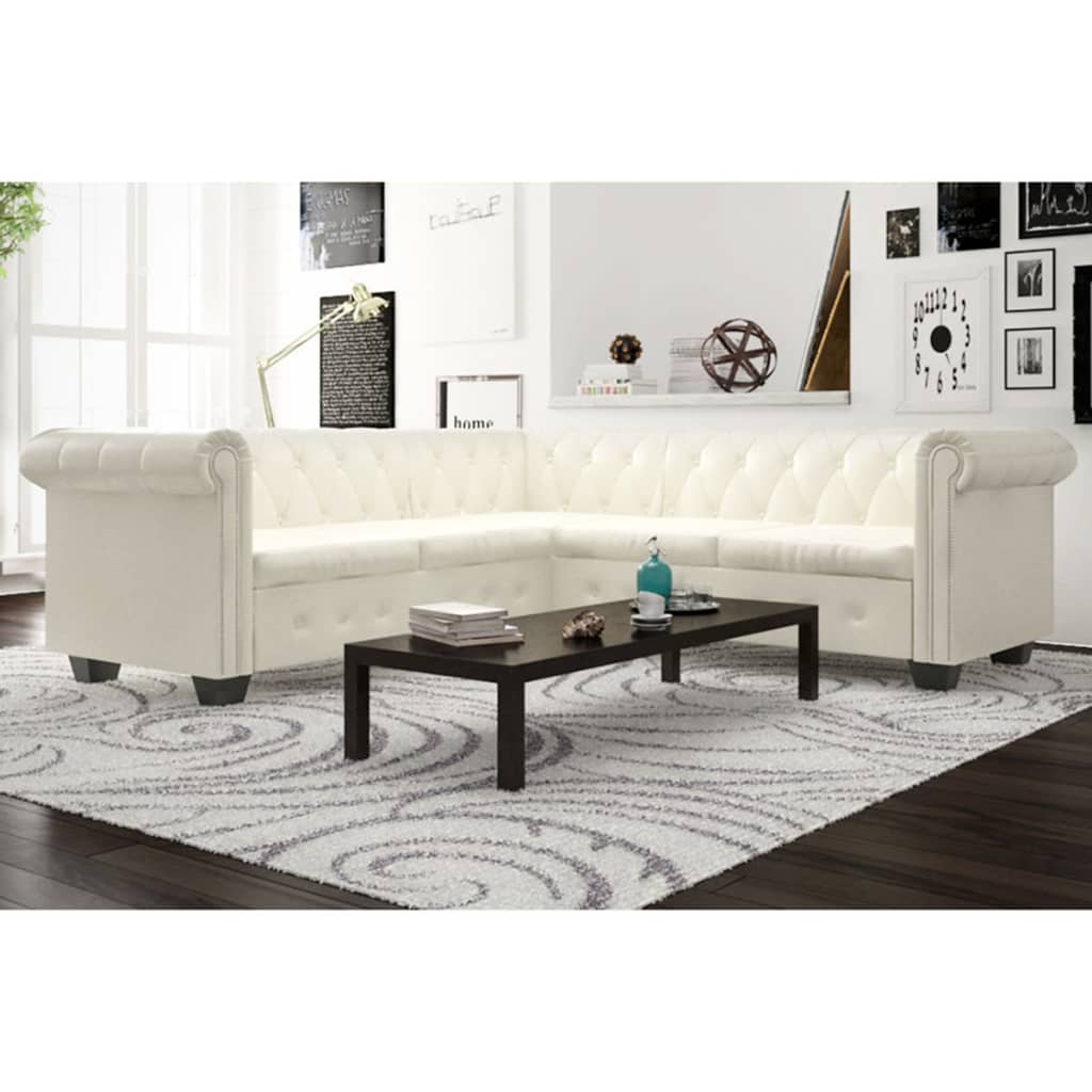 Hoekbank 5-zits Chesterfield-stijl kunstleer wit – afbeelding 1