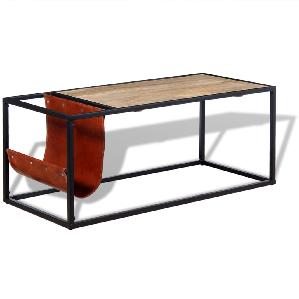 Salontafel met echt lederen tijdschriftenhouder 110x50x45 cm – afbeelding 1