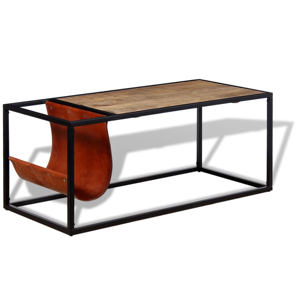 Salontafel met echt lederen tijdschriftenhouder 110x50x45 cm – afbeelding 2