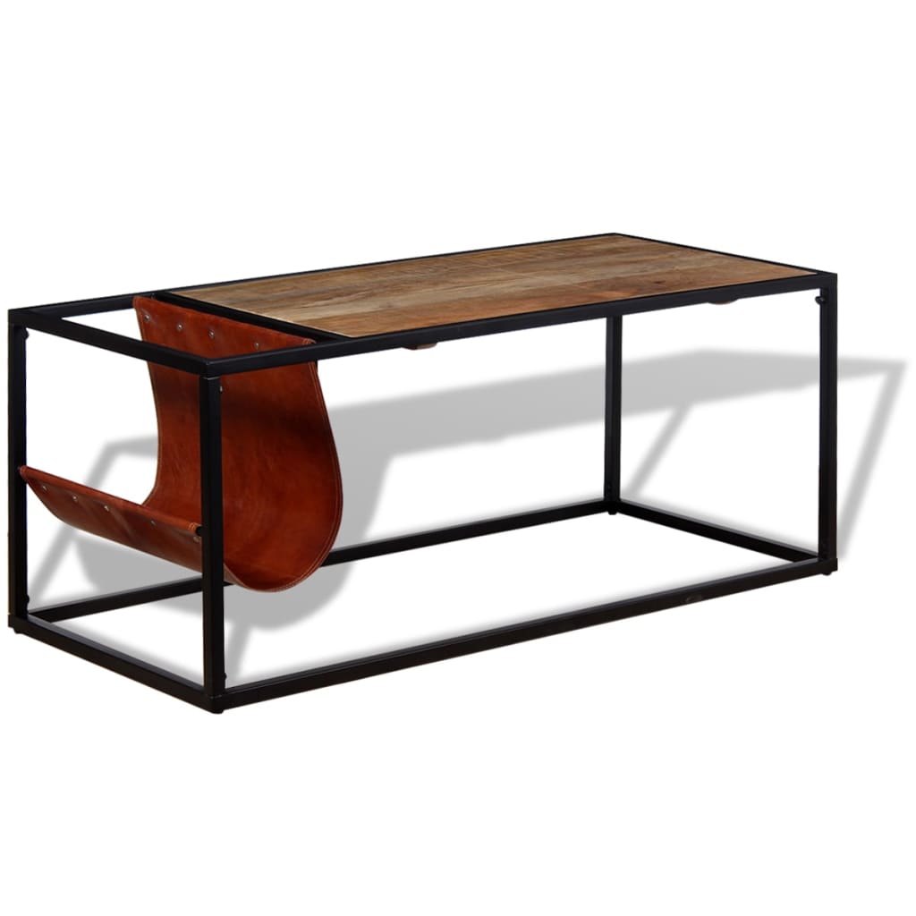 Salontafel met echt lederen tijdschriftenhouder 110x50x45 cm – afbeelding 3