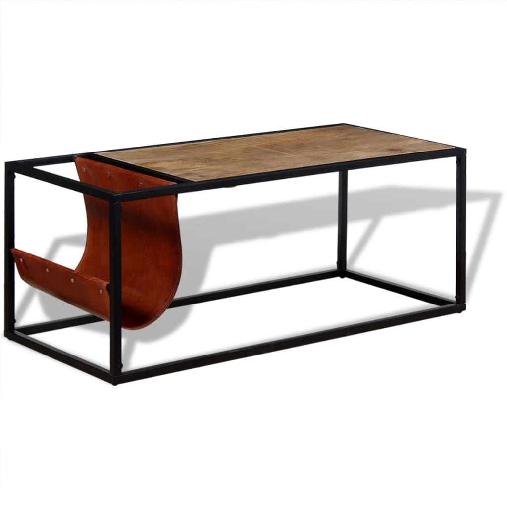 Salontafel met echt lederen tijdschriftenhouder 110x50x45 cm – afbeelding 4