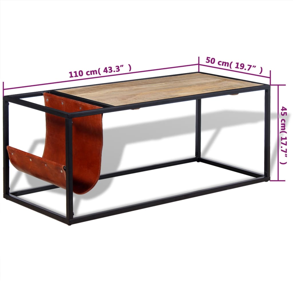 Salontafel met echt lederen tijdschriftenhouder 110x50x45 cm – afbeelding 9