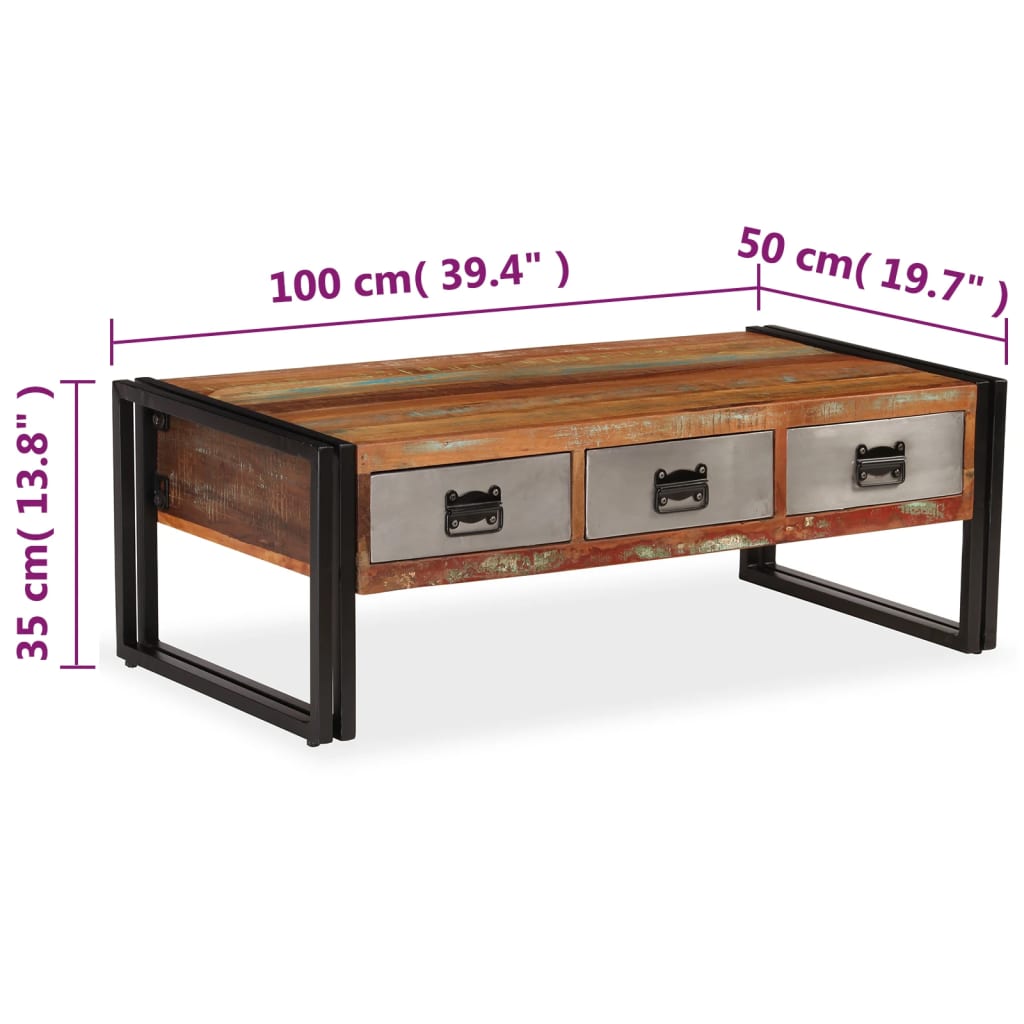 Salontafel met 3 lades 100x50x35 cm massief gerecycled hout – afbeelding 9