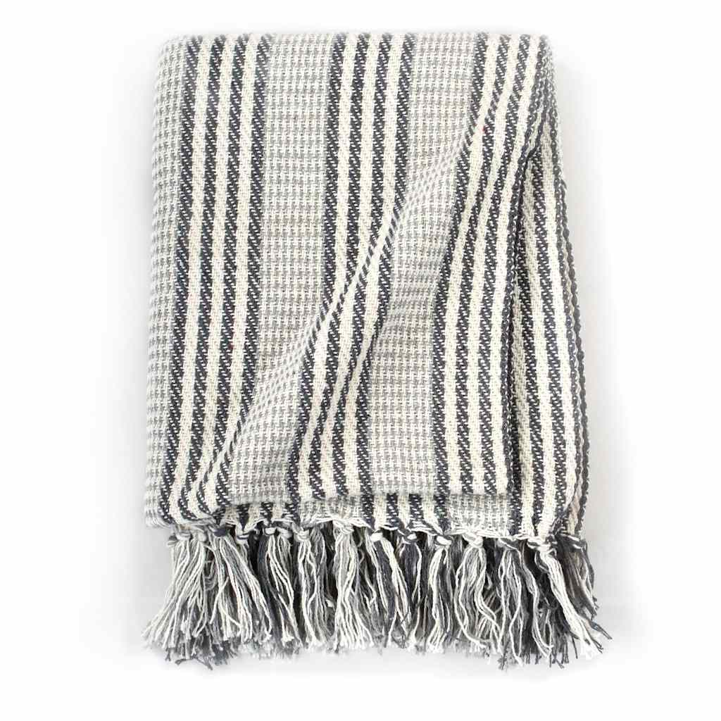 Plaid strepen 125x150 cm katoen grijs en wit – afbeelding 3