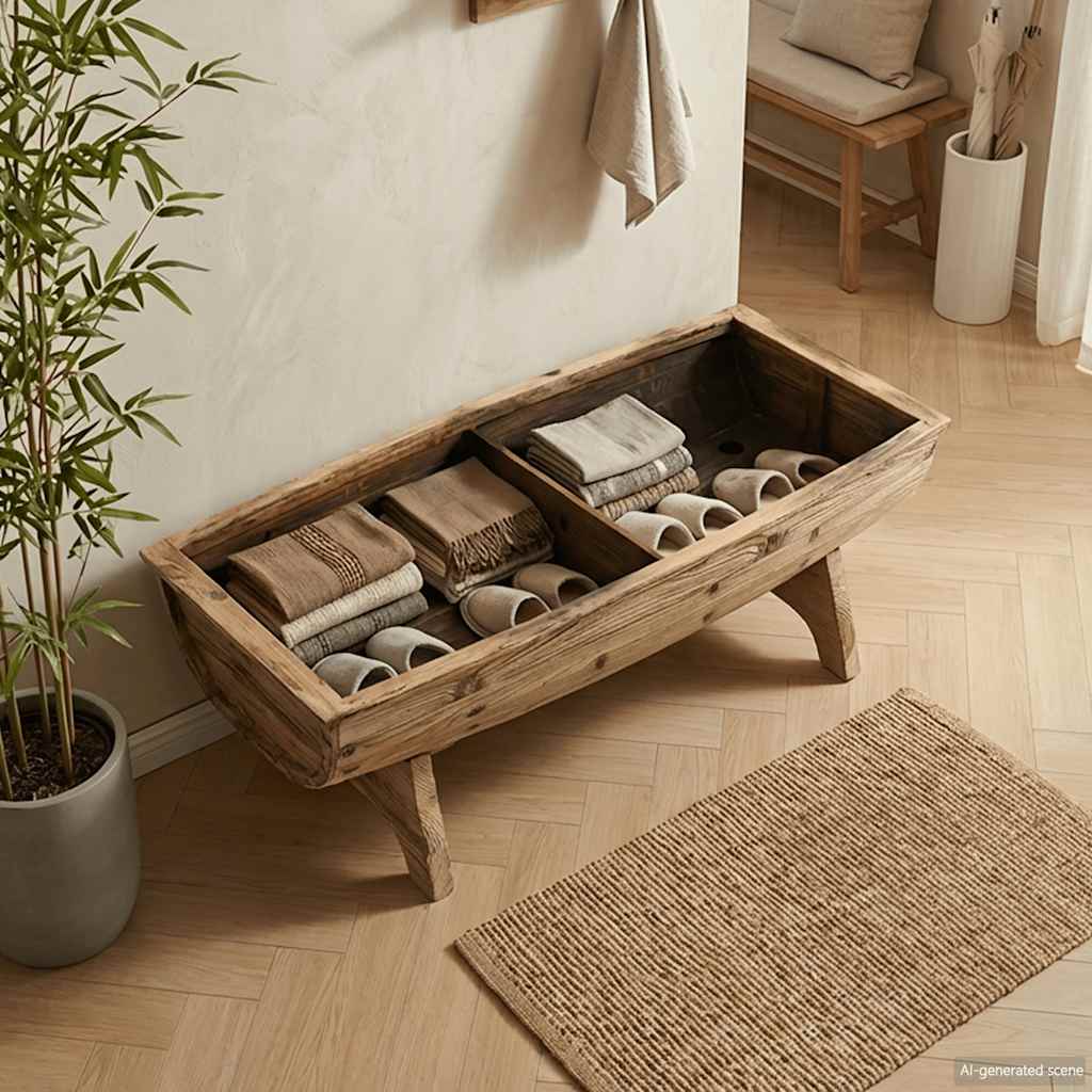 Opbergbankje 103x51x44 cm massief hout en stof – afbeelding 1