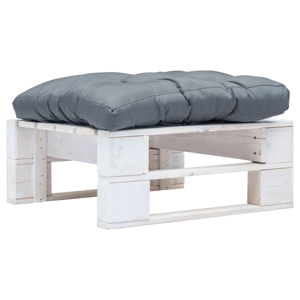 Tuinpoef met grijs kussen pallet hout wit