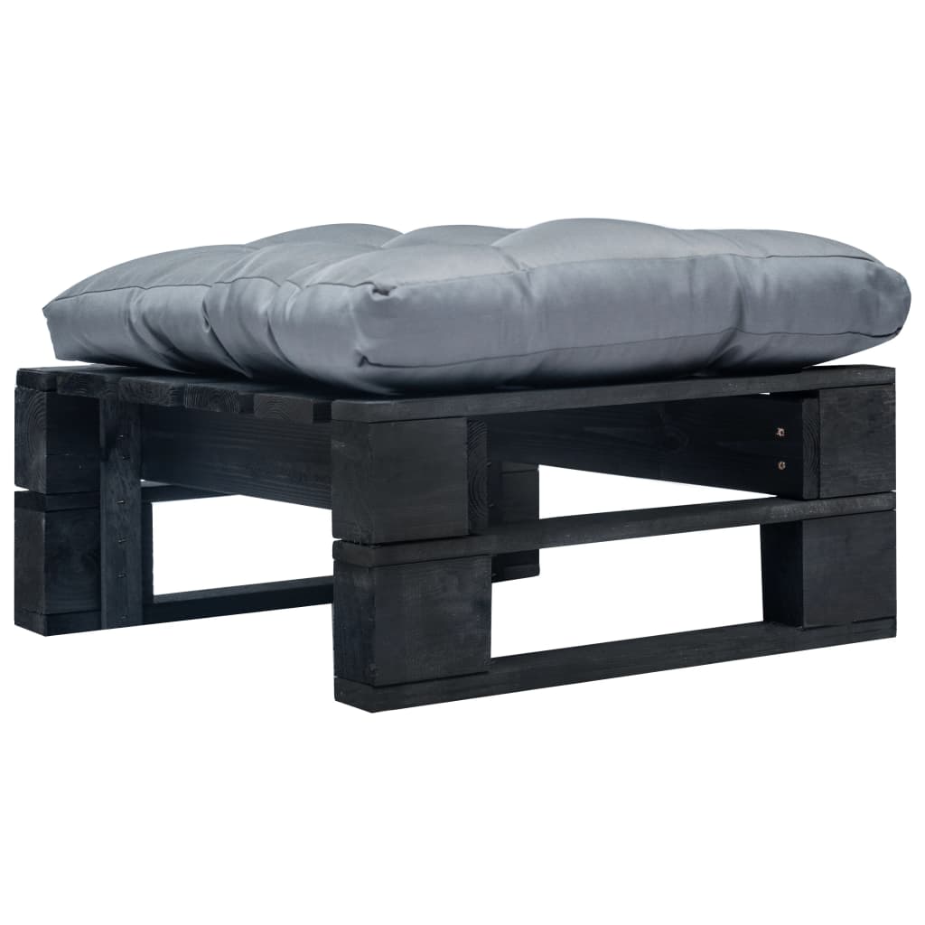 Tuinpoef met grijs kussen pallet hout zwart