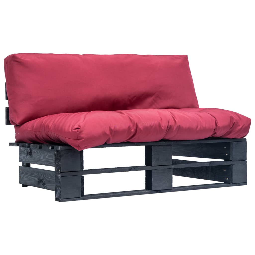 Tuinbank met rode kussens pallet grenenhout – afbeelding 1