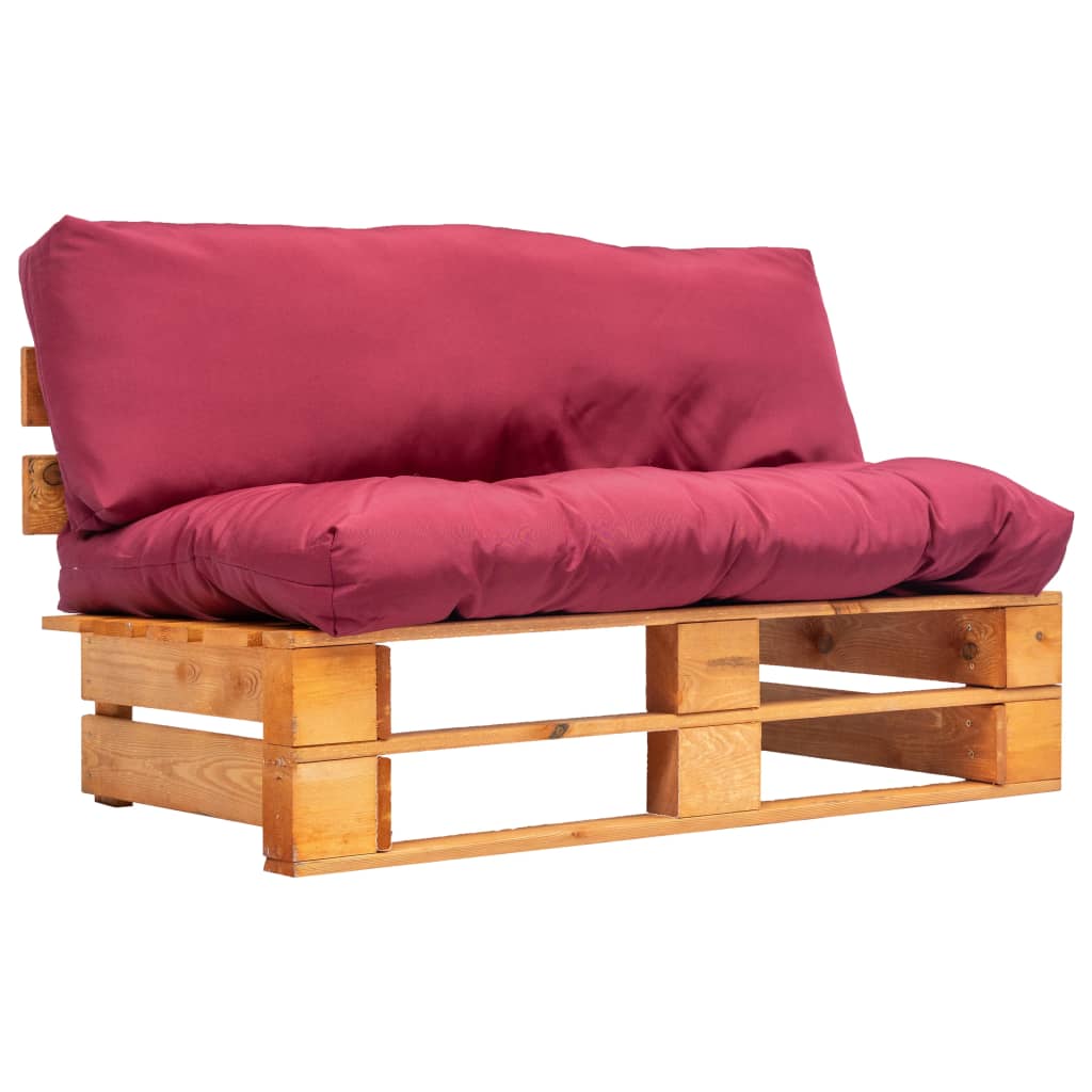 Tuinbank pallet met rode kussens grenenhout – afbeelding 1