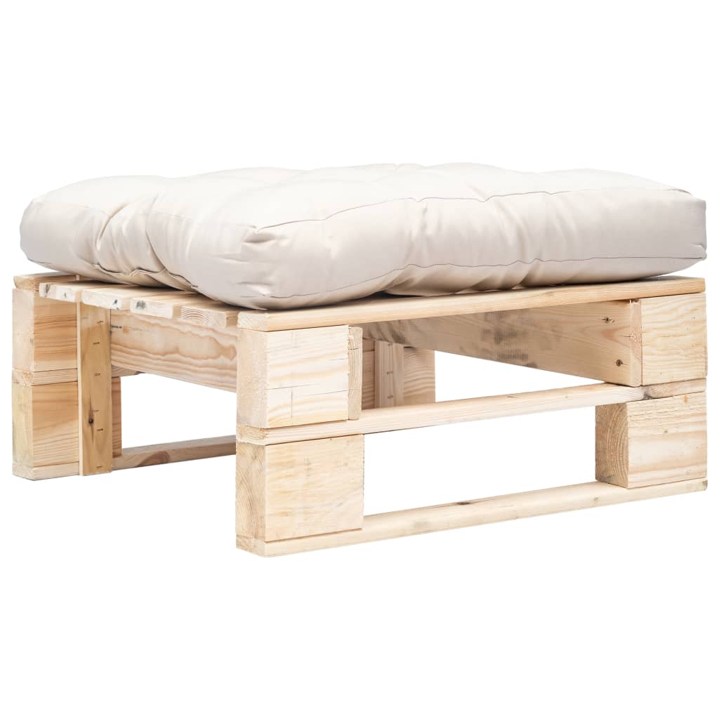 Tuinpoef met zandkleurig kussen pallet hout naturel