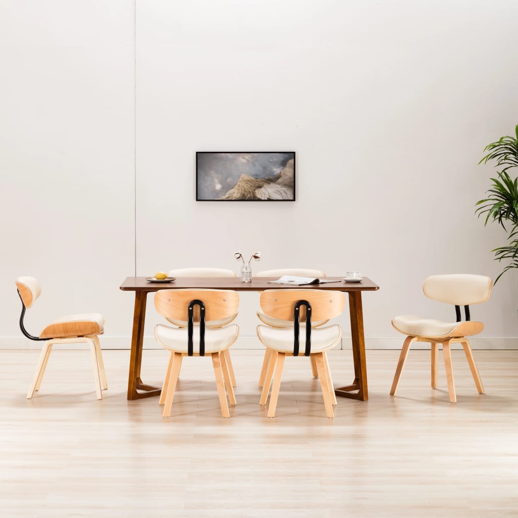 Eetkamerstoelen 6 st gebogen hout en kunstleer crème