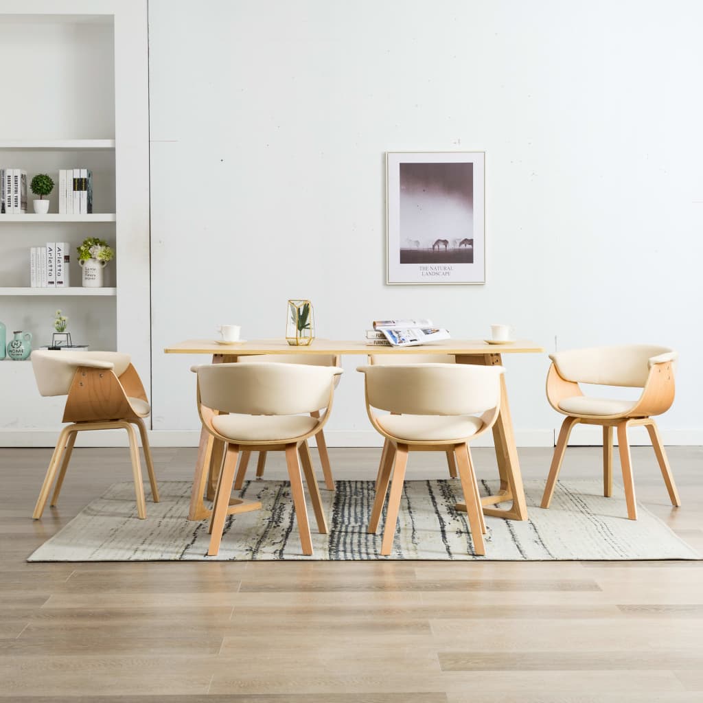 Eetkamerstoelen 6 st gebogen hout en kunstleer crème – afbeelding 1