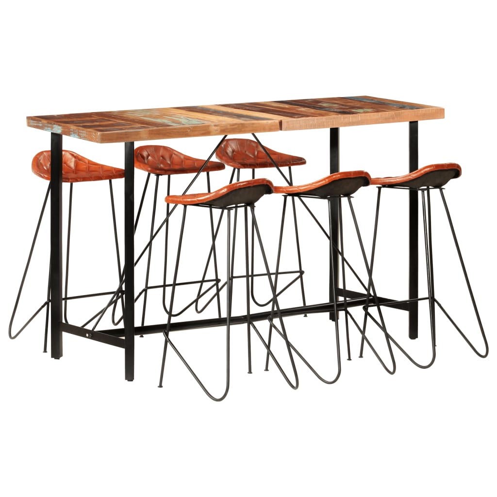 7-delige Barset massief gerecycled hout en echt leer