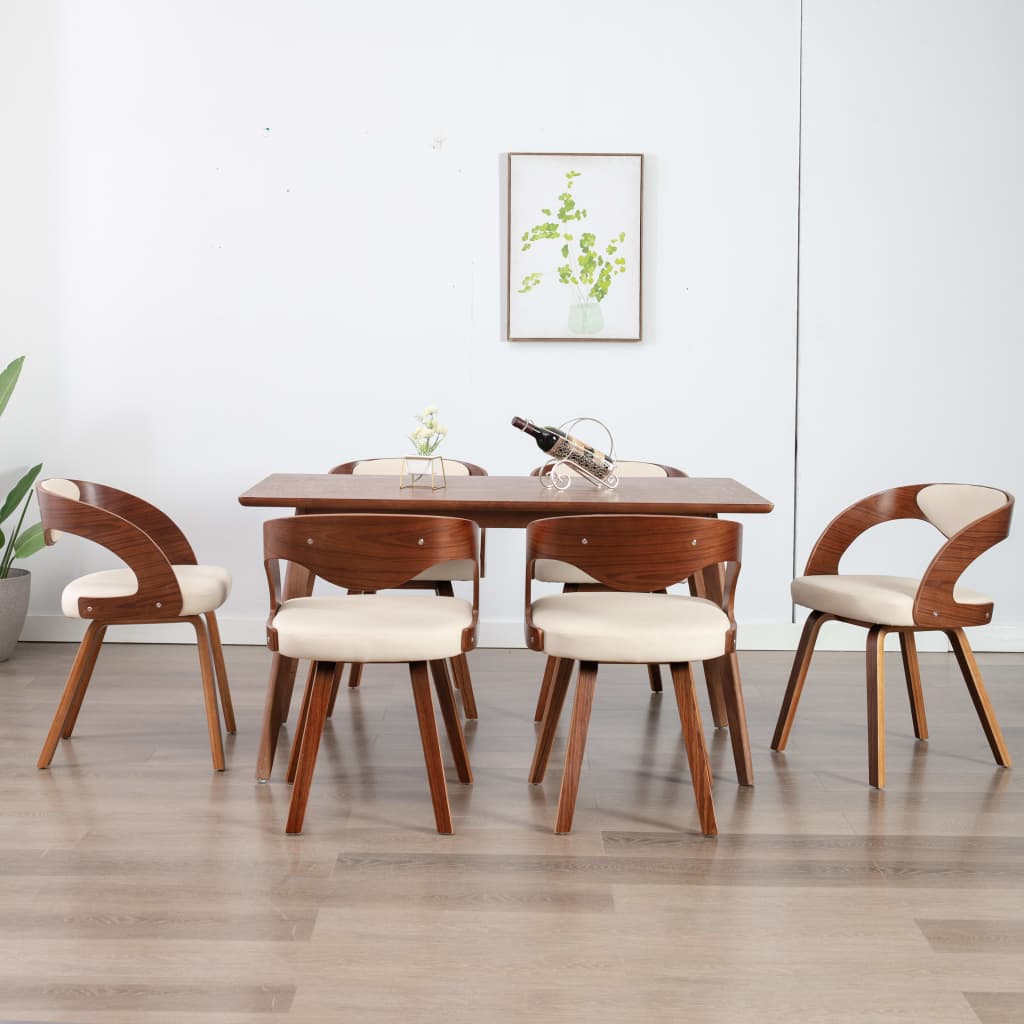 Eetkamerstoelen 6 st gebogen hout en kunstleer crème