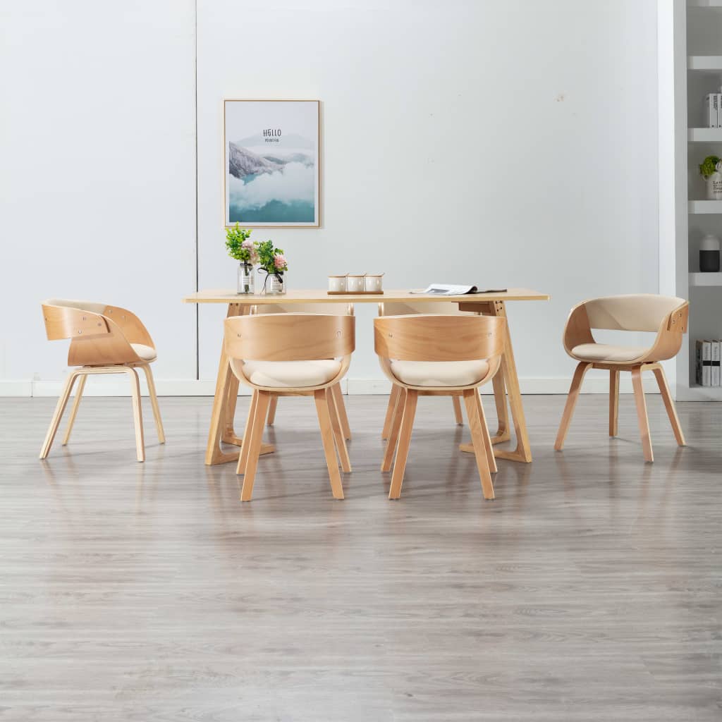 Eetkamerstoelen 6 st gebogen hout en kunstleer crème