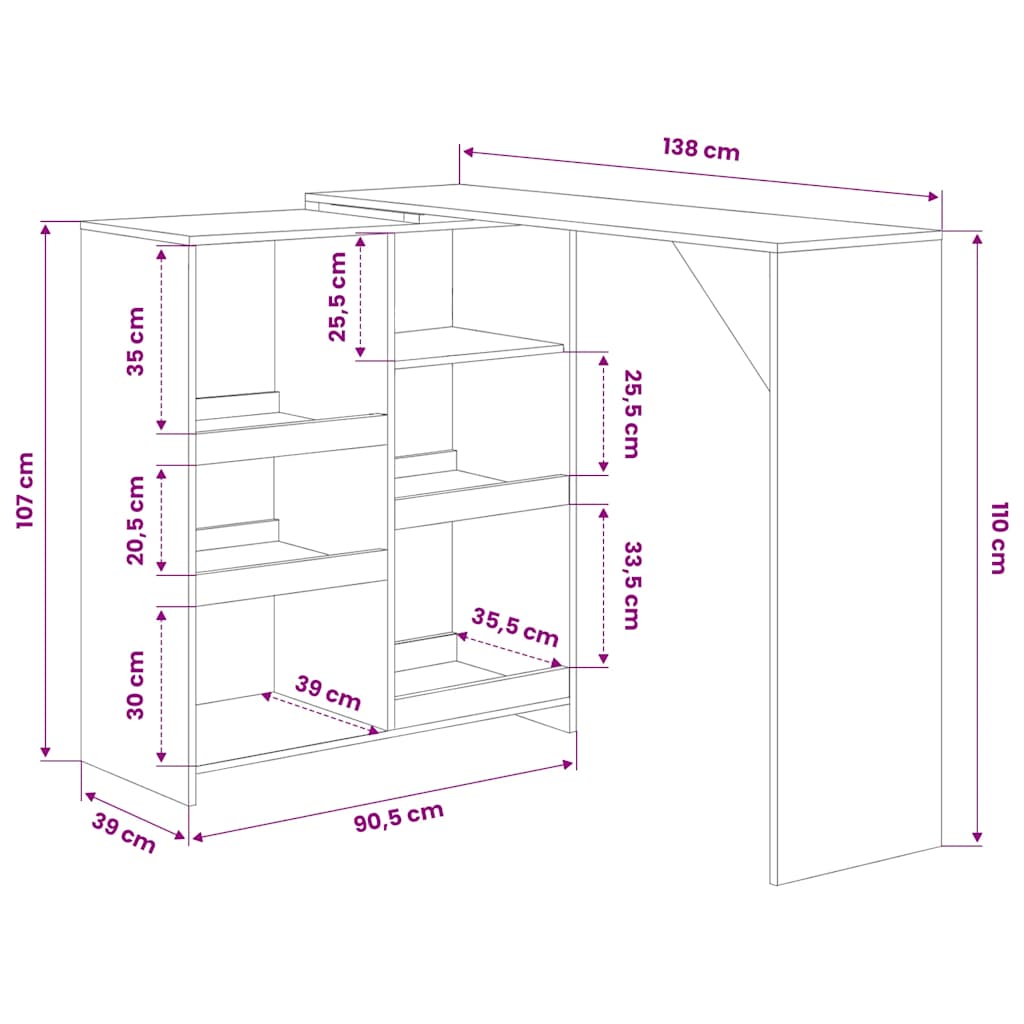 Bartafel met verplaatsbaar schap 138x39x110 cm eikenkleurig – afbeelding 6