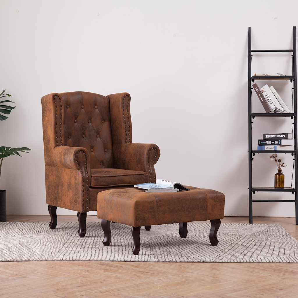 Fauteuil en voetenbank Chesterfield-stijl kunstsuède bruin