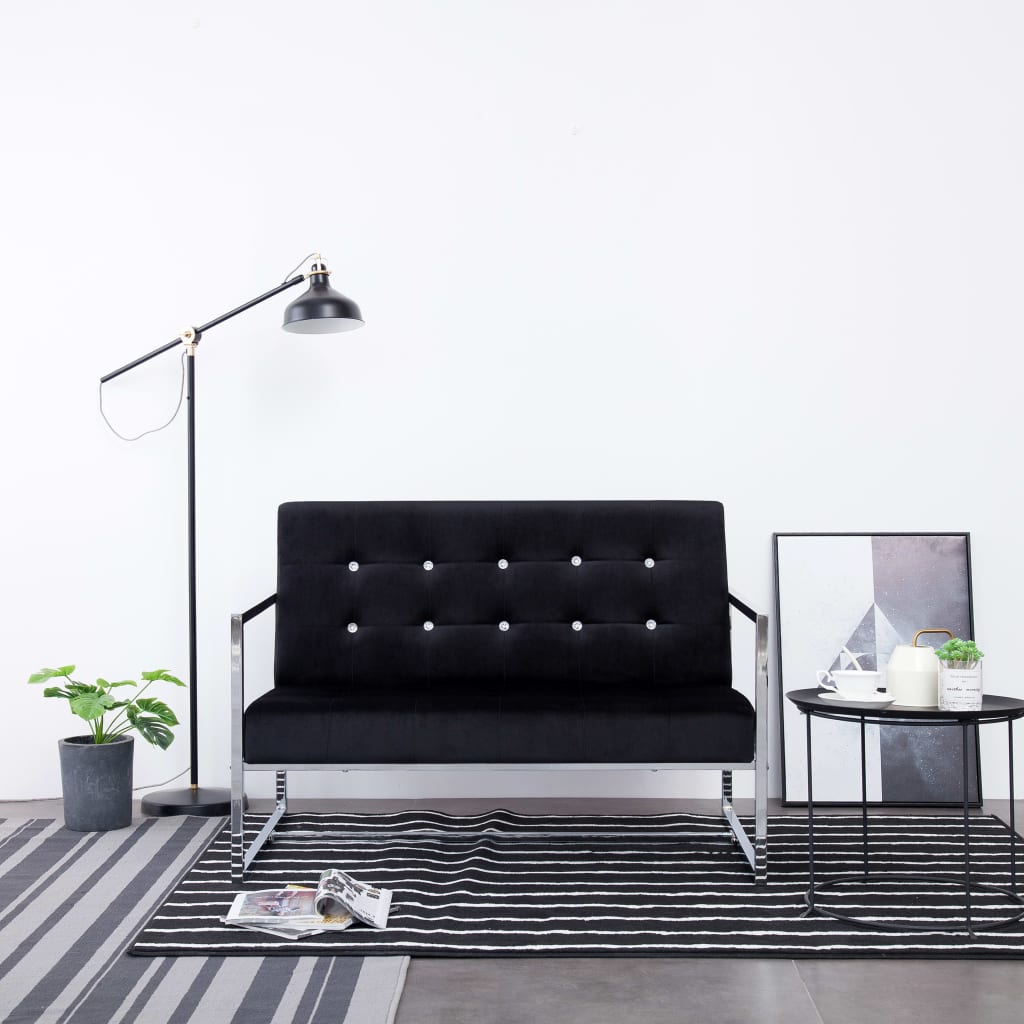 Tweezitsbank met armleuningen chroom en fluweel zwart – afbeelding 1