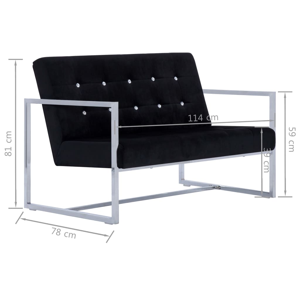 Tweezitsbank met armleuningen chroom en fluweel zwart – afbeelding 8