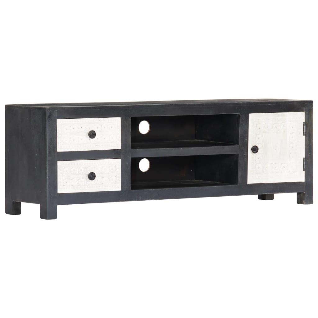 Tv-meubel handgesneden 120x30x40 cm massief mangohout grijs wit – afbeelding 10