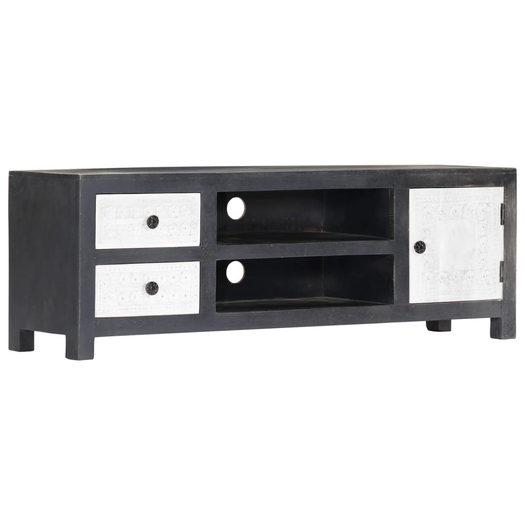 Tv-meubel handgesneden 120x30x40 cm massief mangohout grijs wit – afbeelding 11