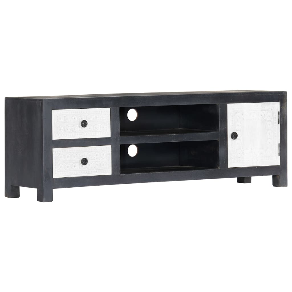 Tv-meubel handgesneden 120x30x40 cm massief mangohout grijs wit – afbeelding 12
