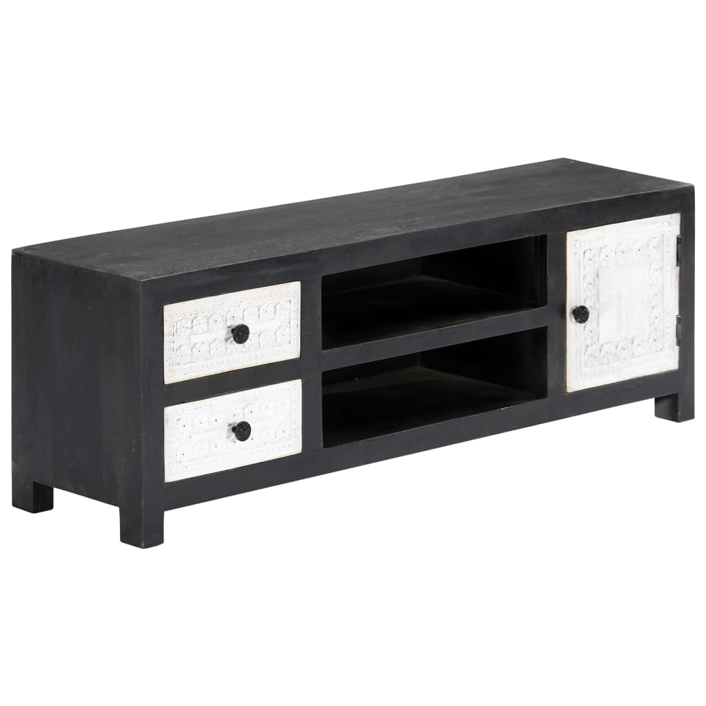 Tv-meubel handgesneden 120x30x40 cm massief mangohout grijs wit – afbeelding 2