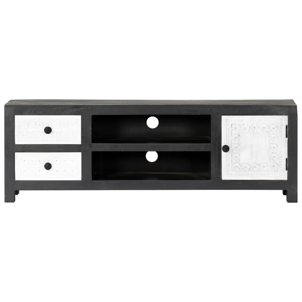 Tv-meubel handgesneden 120x30x40 cm massief mangohout grijs wit – afbeelding 3