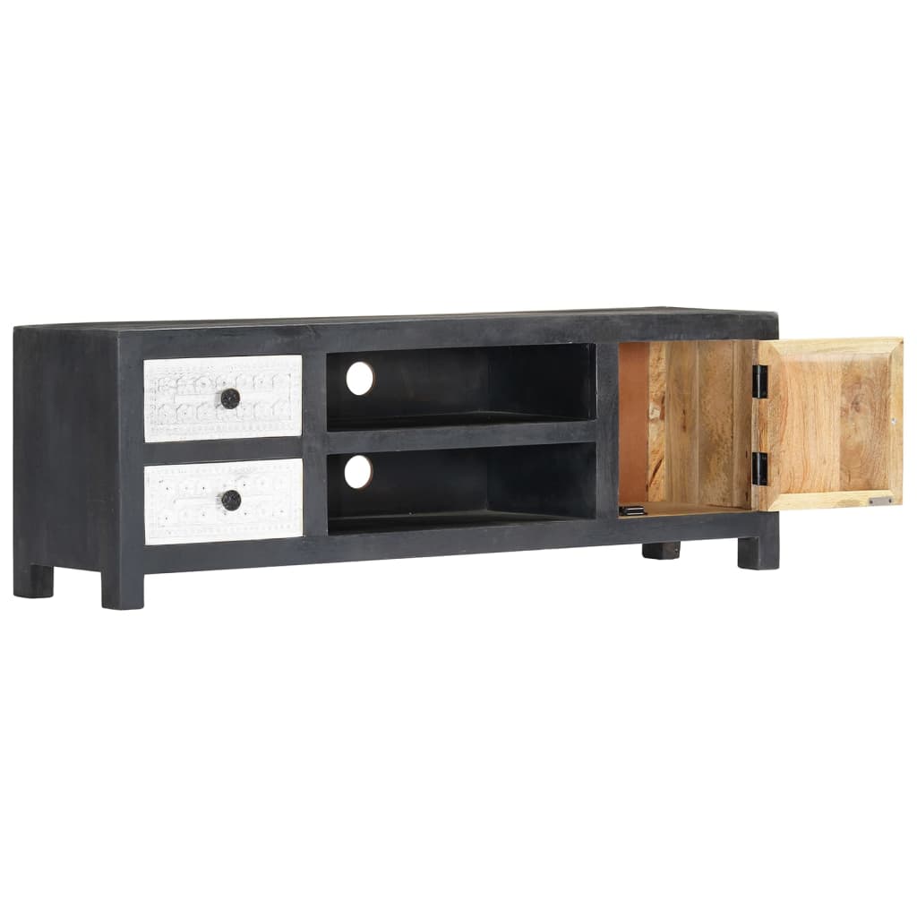 Tv-meubel handgesneden 120x30x40 cm massief mangohout grijs wit – afbeelding 4
