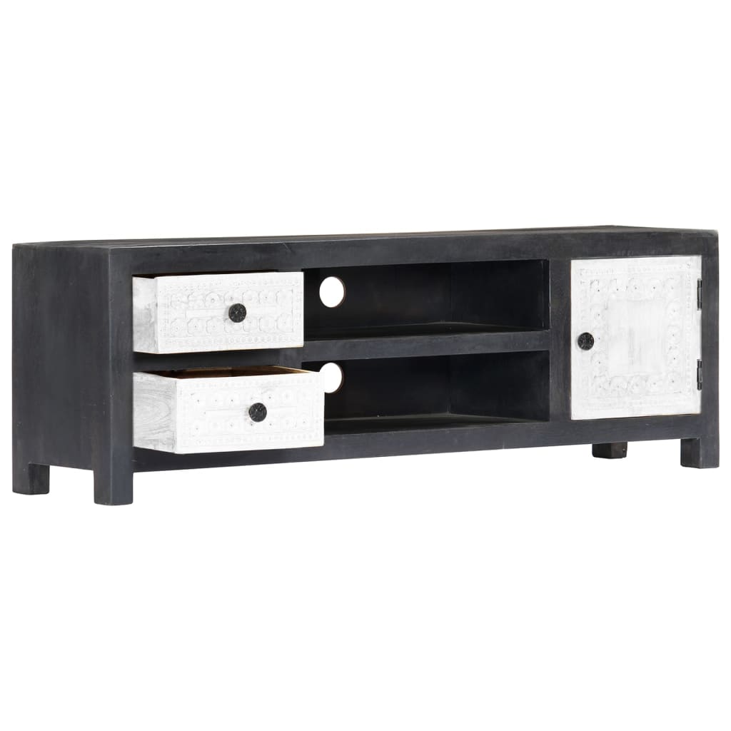 Tv-meubel handgesneden 120x30x40 cm massief mangohout grijs wit – afbeelding 5