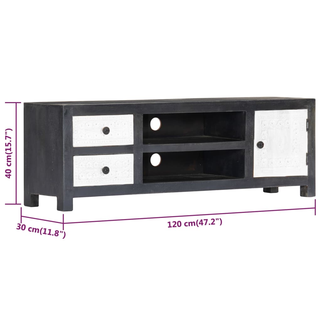 Tv-meubel handgesneden 120x30x40 cm massief mangohout grijs wit – afbeelding 9