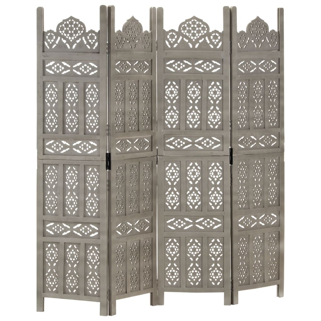 Kamerscherm 4 panelen handgesneden 160x165 cm mangohout grijs – afbeelding 1