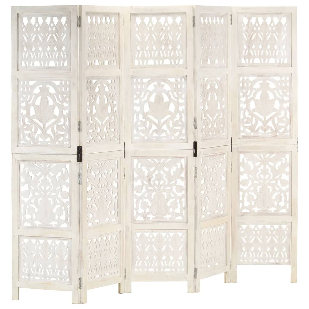 Kamerscherm met 5 panelen handgesneden 200x165 cm mangohout wit – afbeelding 1
