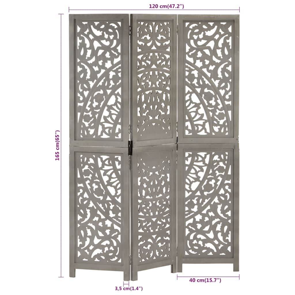 Kamerscherm 3 panelen handgesneden 120x165 cm mangohout grijs – afbeelding 7