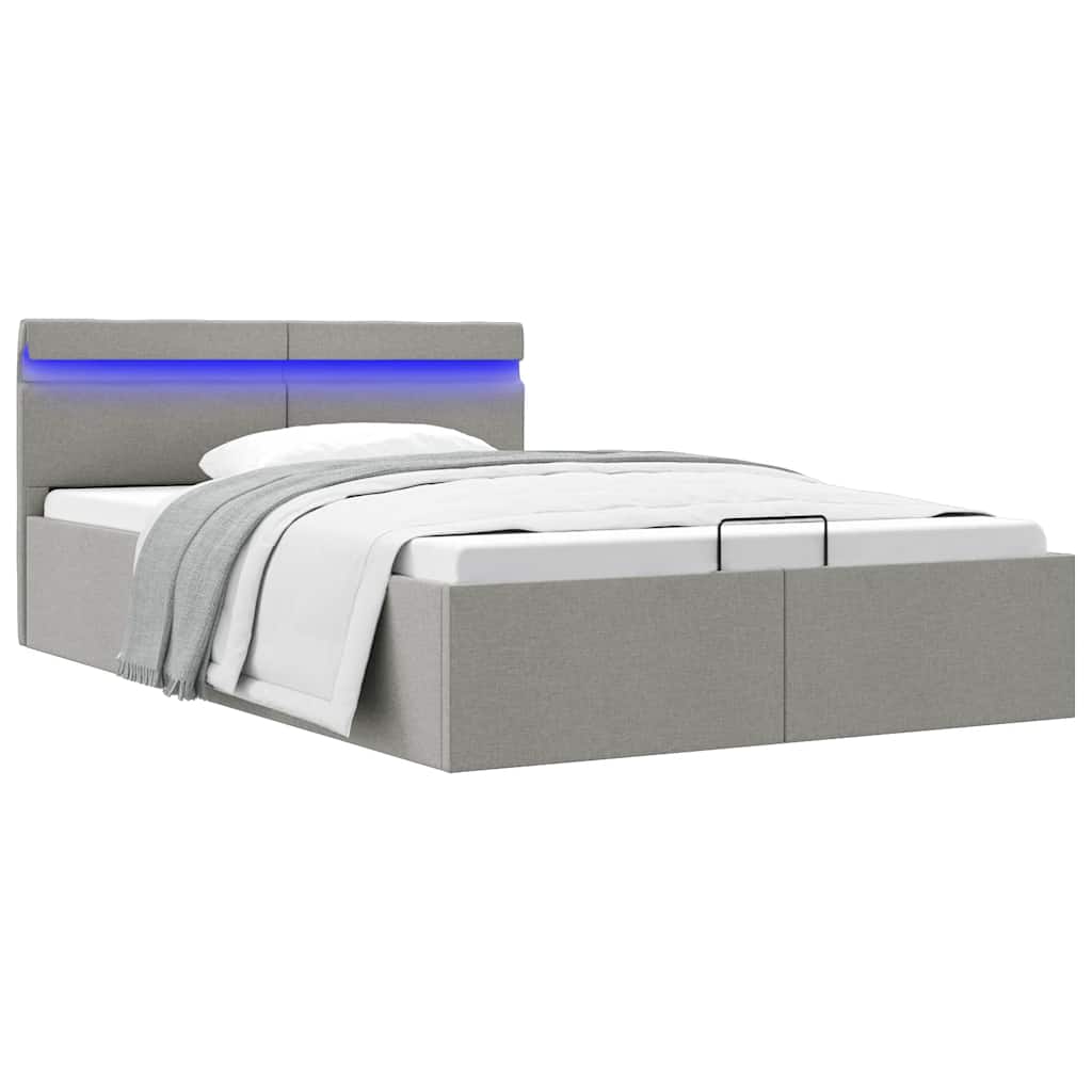 Bedframe met opbergruimte en LED stof lichtgrijs 120x200 cm – afbeelding 1