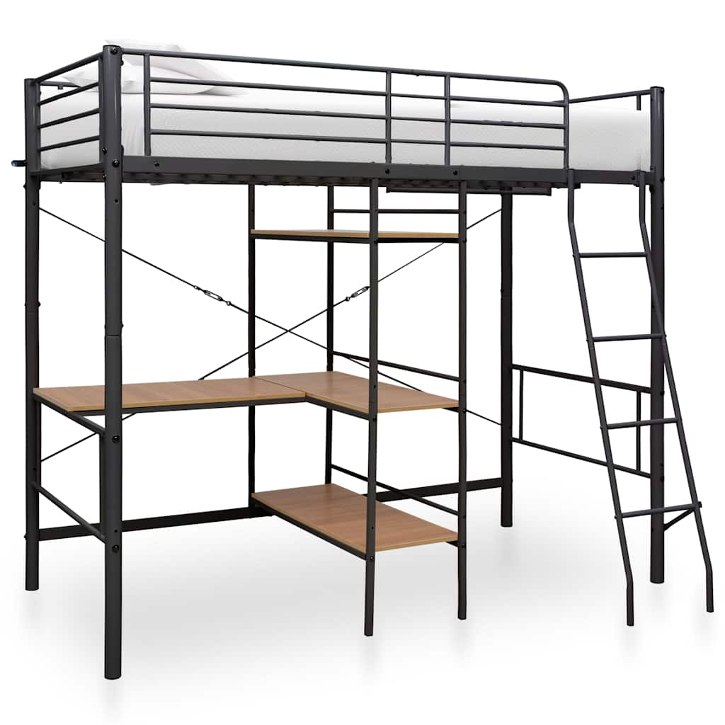 Stapelbedframe met tafel metaal grijs 90x200 cm – afbeelding 1