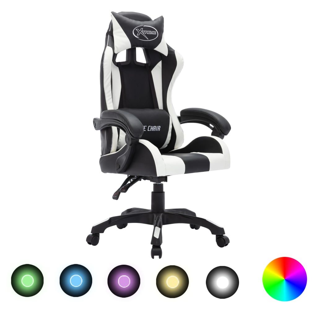 Racestoel met RGB LED-verlichting kunstleer wit en zwart – afbeelding 1