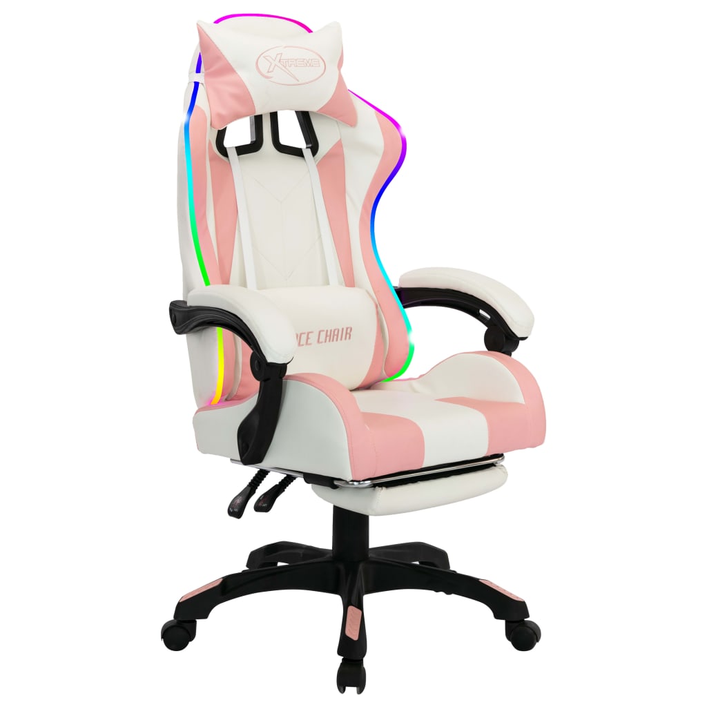 Racestoel met RGB LED-verlichting kunstleer roze en wit – afbeelding 2
