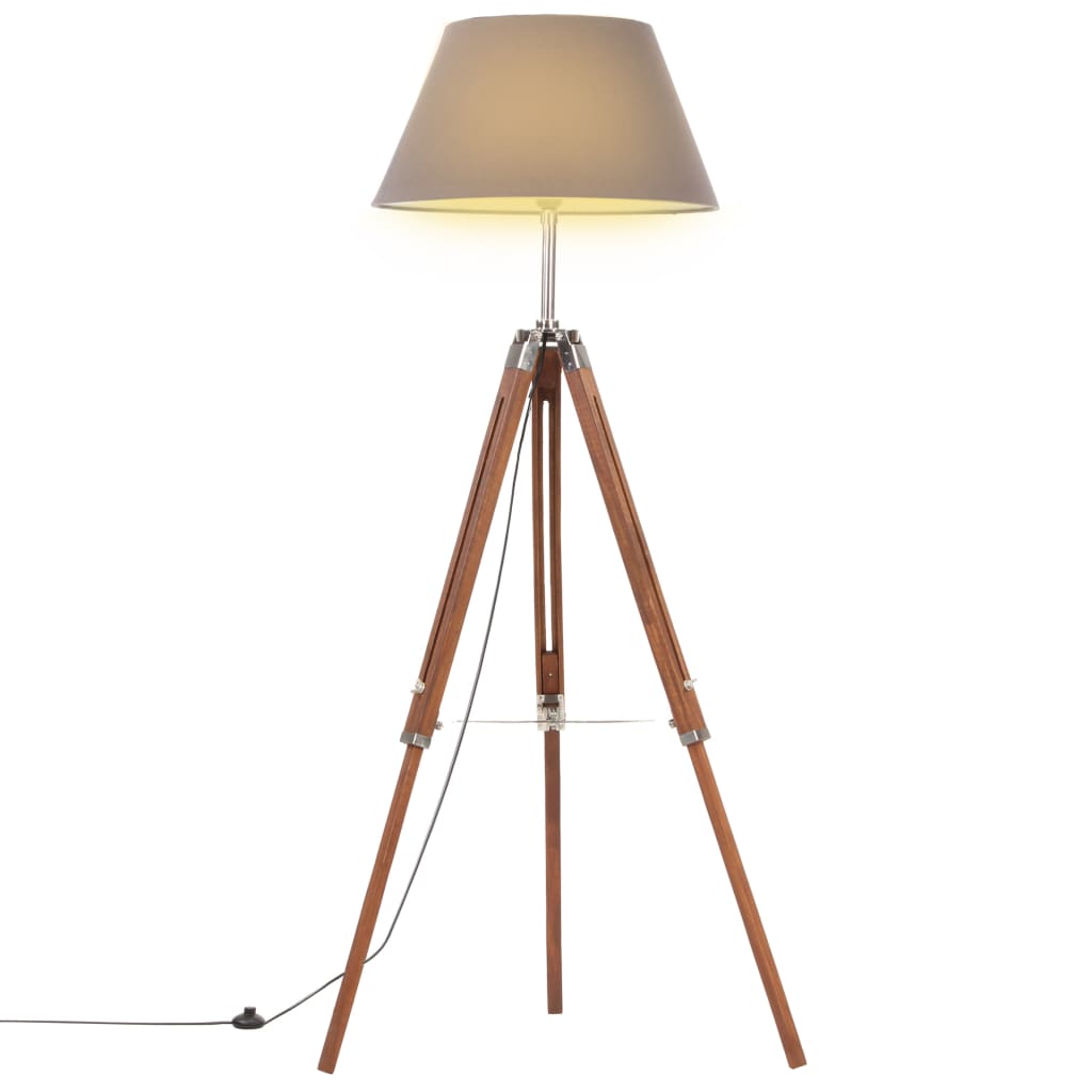 Vloerlamp driepoot 141 cm massief teakhout honingbruin en grijs – afbeelding 1