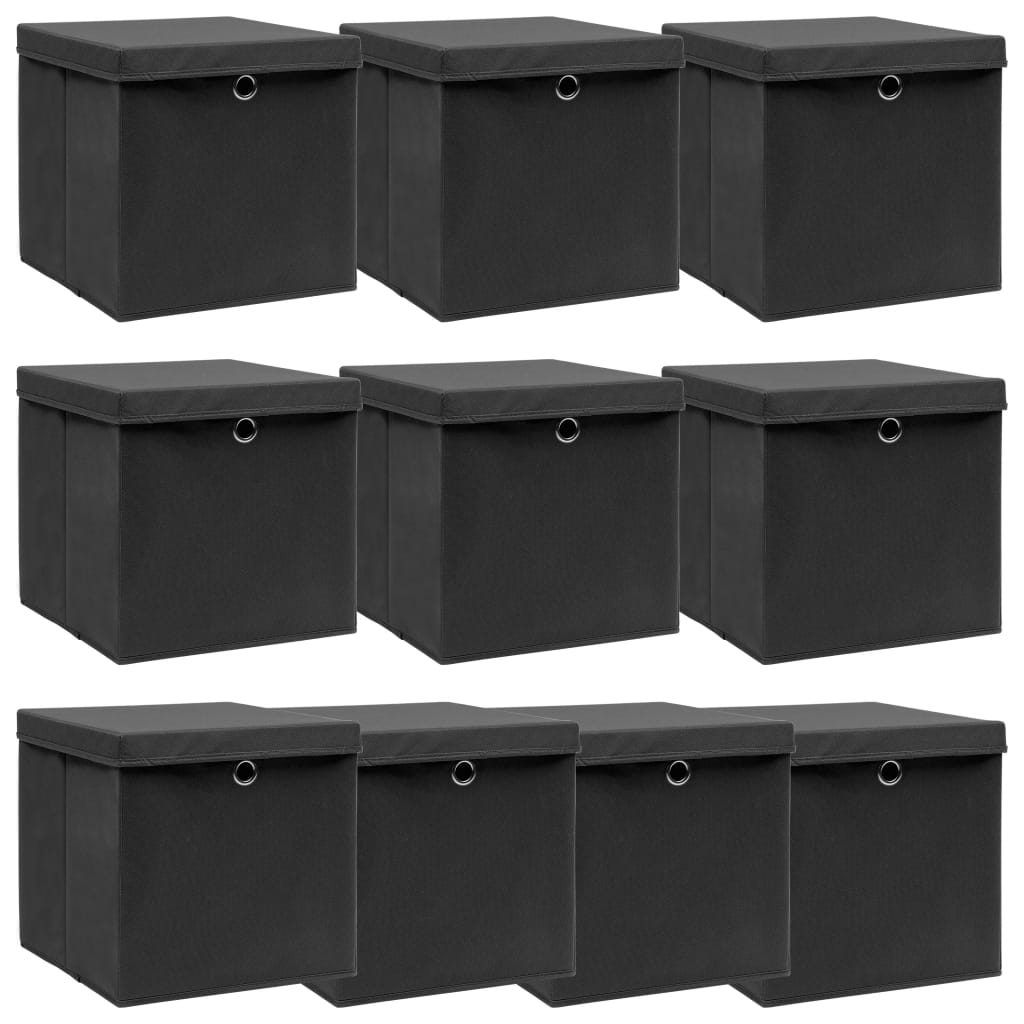 Opbergboxen met deksel 10 st 32x32x32 cm stof zwart – afbeelding 1