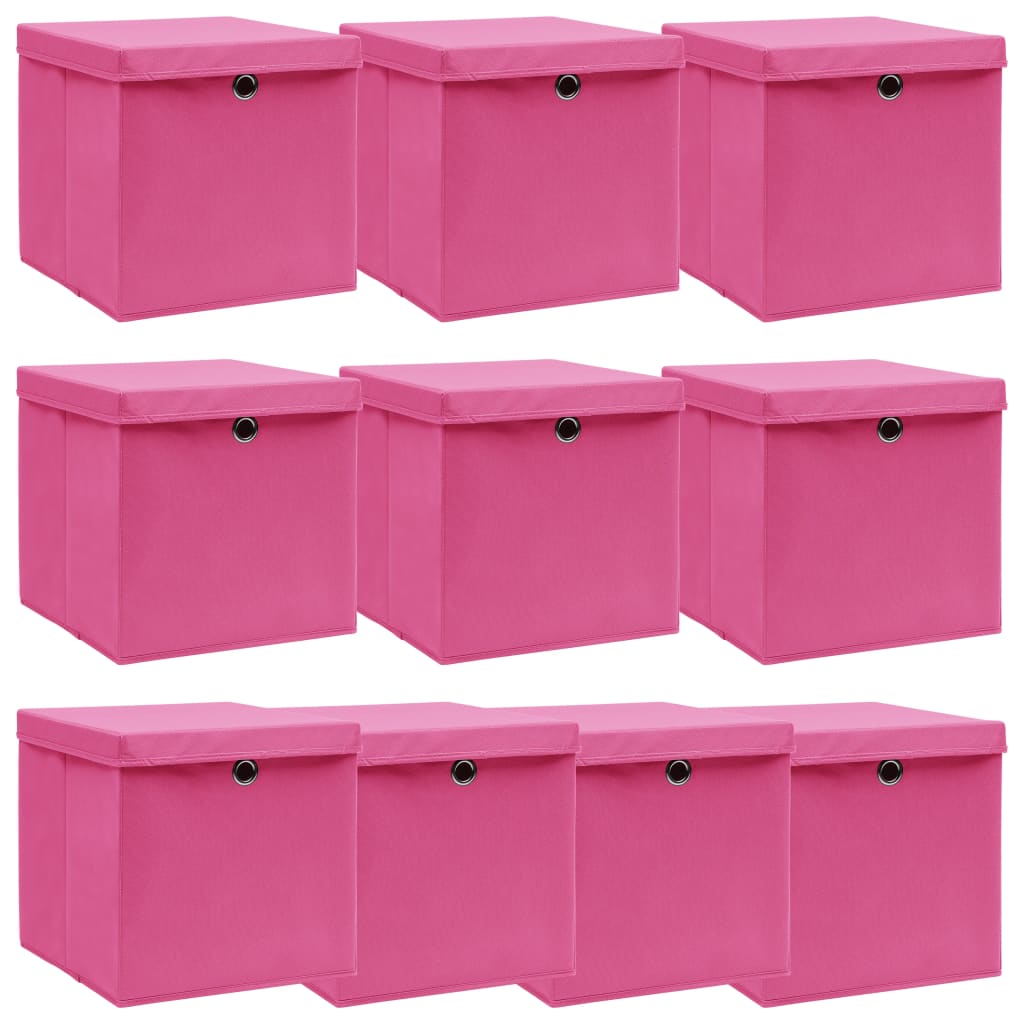 Opbergboxen met deksel 10 st 32x32x32 cm stof roze – afbeelding 1