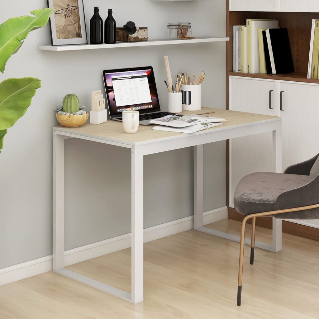 Computerbureau 110x60x73 cm spaanplaat wit en eikenkleurig – afbeelding 1