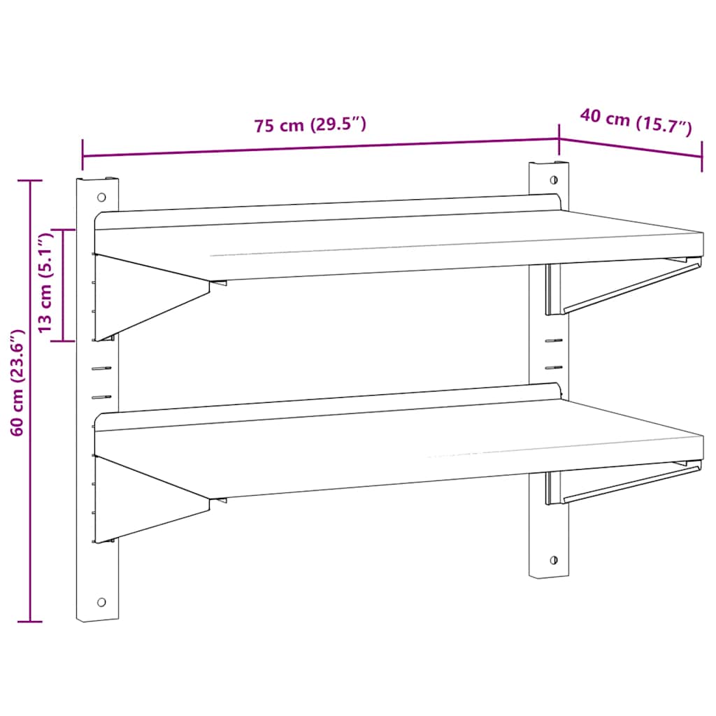 Wandschap 2-laags 75x40x60 cm roestvrijstaal zilverkleurig – afbeelding 11