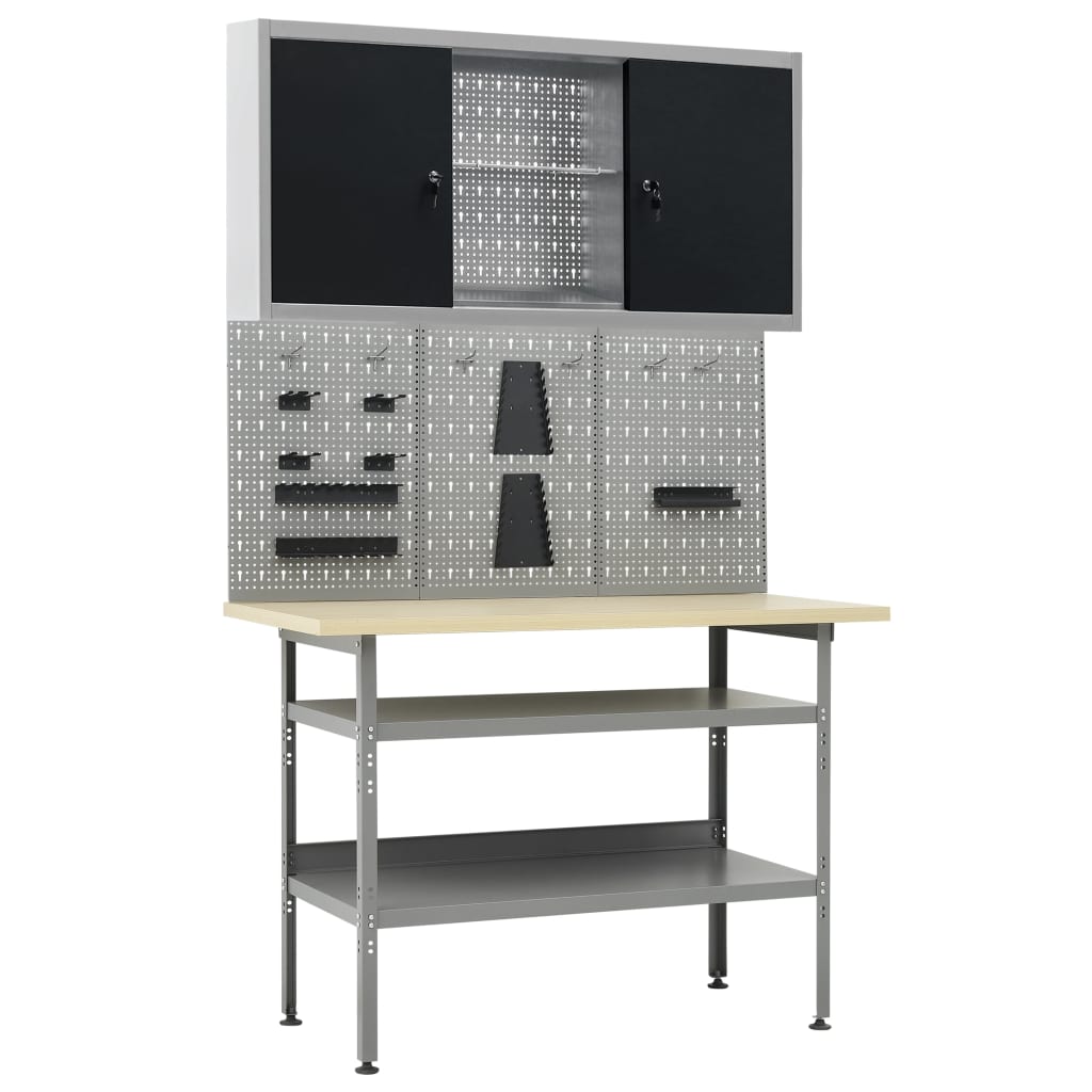 Werkbank met drie wandpanelen en een kast