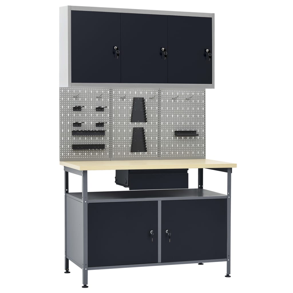 Werkbank met drie wandpanelen en een kast