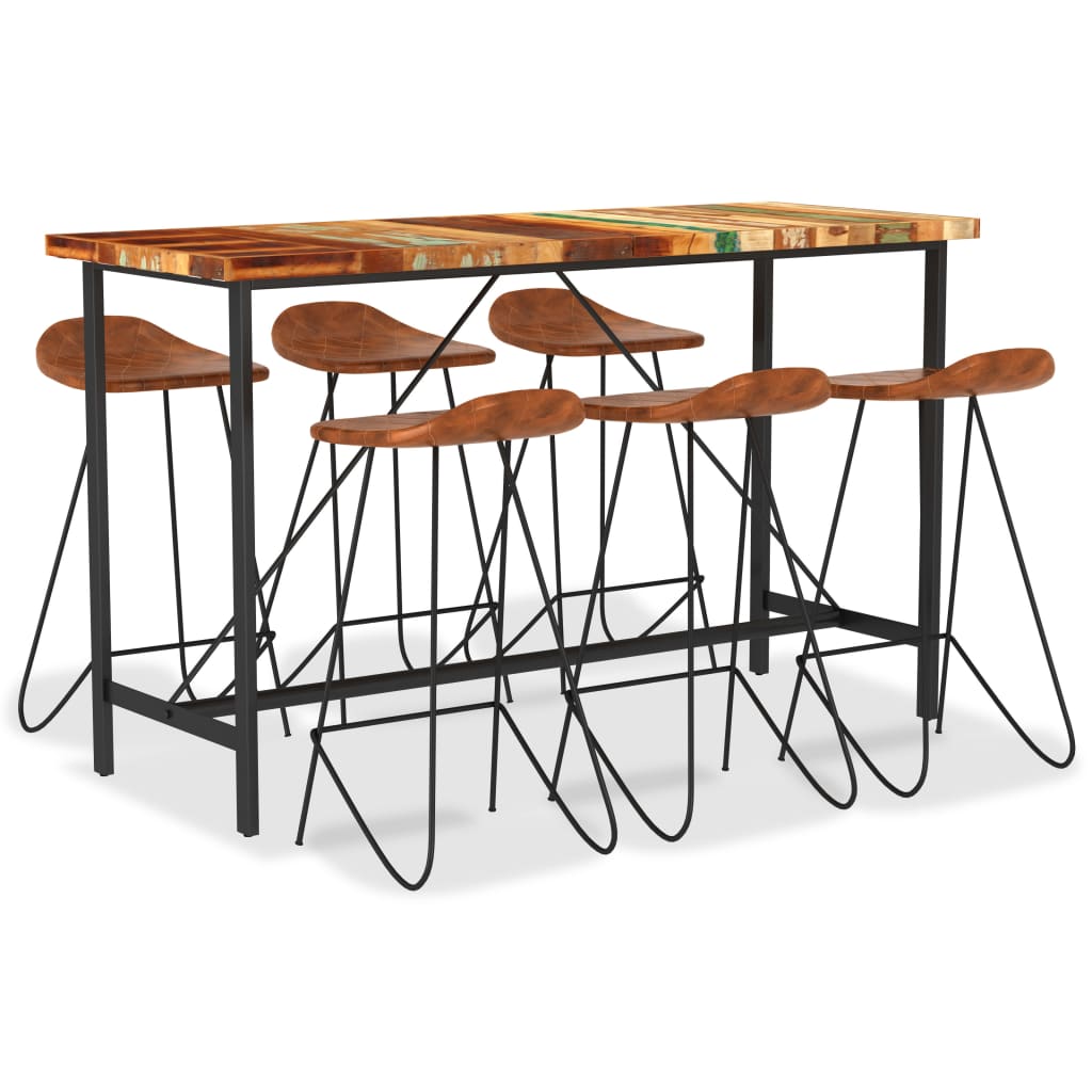 7-delige Barset massief gerecycled hout en echt leer