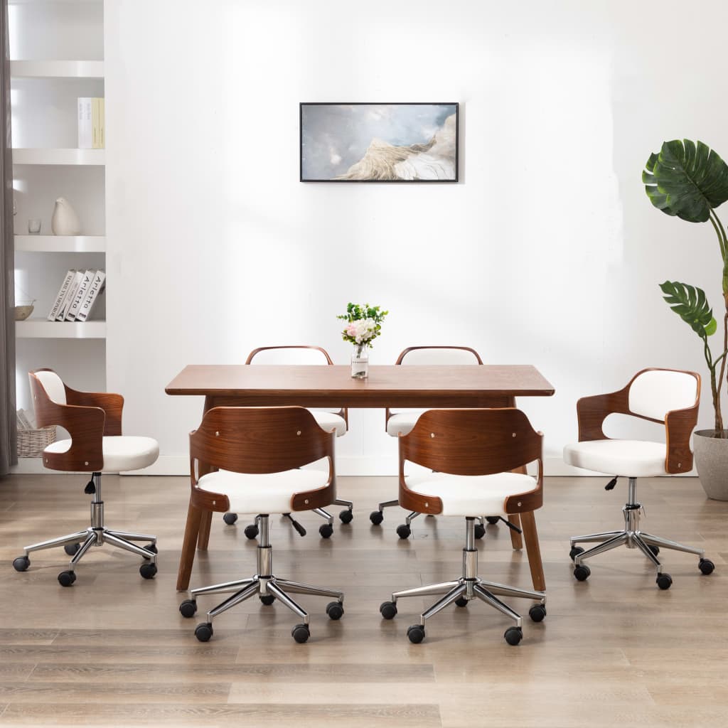 Eetkamerstoelen draaibaar 6 st gebogen hout en kunstleer wit – afbeelding 1